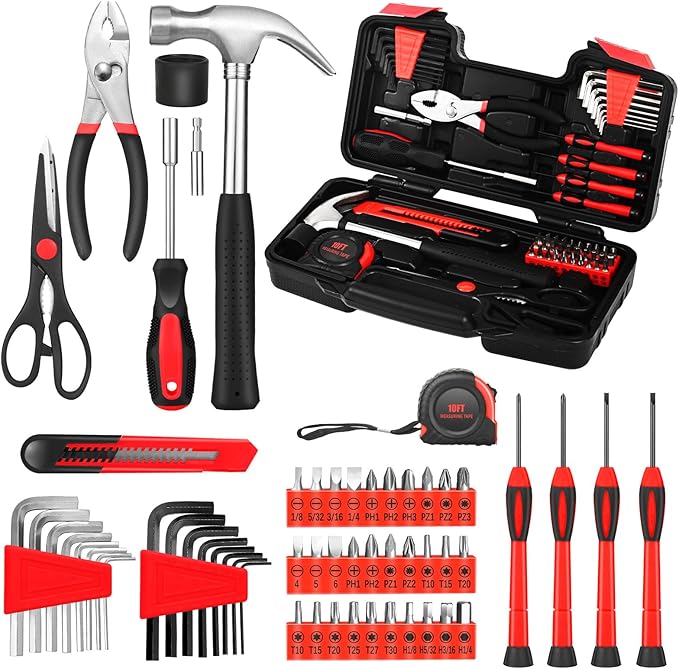 58-Piece Tool Kit Basic Home Repair Tool Set, General Household Hand Tool Kit,Small Tool Kit with Plastic Toolbox Mini Tool kit for Women, Office & College Repairs Red