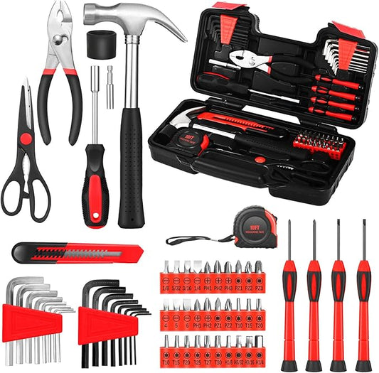 58-Piece Tool Kit Basic Home Repair Tool Set, General Household Hand Tool Kit,Small Tool Kit with Plastic Toolbox Mini Tool kit for Women, Office & College Repairs Red