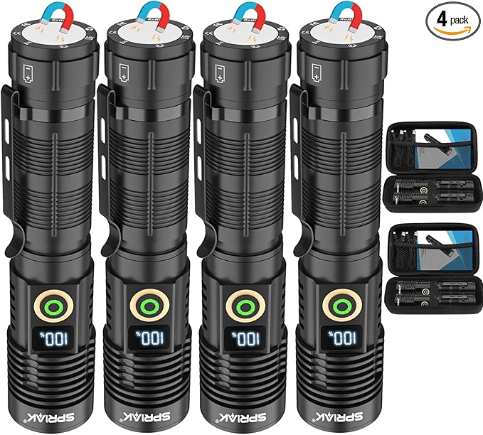 Rechargeable Flashlight High Lumens 4 Packs-Super Bright Magnetic Flash Light with Power Digital Display, Long Range,Dimmable,Waterproof,Pocket Handheld Tactical LED Flashlights for Emergency