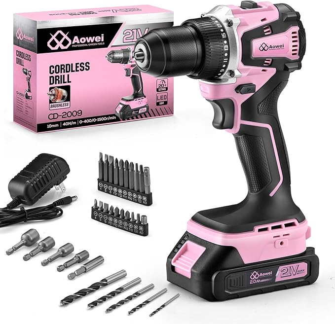 21V Lithium-Ion Cordless Drill Set, Brushless, Compact Type, including Battery, Charger and 3/8-inch Keyless Chuck; Cordless Lithium-Ion Drill Kit (Pink)