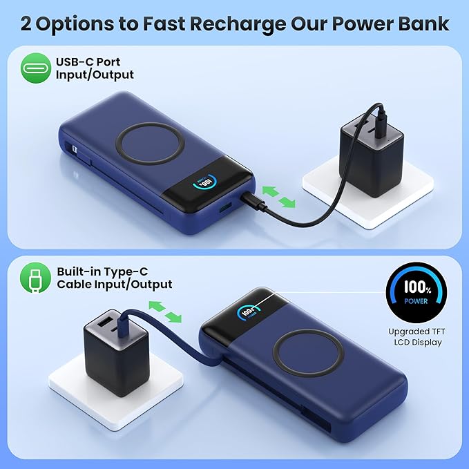 Wireless Portable Charger 40800mAh with Built-in Cables, 15W Wireless Charging USB C Power Bank, 25W PD QC 4.0 5 Outputs TFT LCD Display Battery Pack for iPhone 16/15/14/13/12, Samsung, Android etc