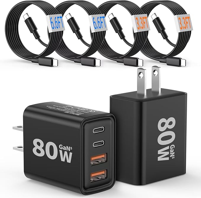 [2-Pack] USB C Wall Charger,80W 4-Port Type C Fast Charging Block,USBC Multiport Wall Plug PD&QC GaN Charging Cube with USB C Cable for iPhone 16/15/14/13/12/11/Pro Max/XS/XR, iPad, Samsung（Black