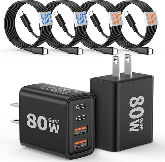 [2-Pack] USB C Wall Charger,80W 4-Port Type C Fast Charging Block,USBC Multiport Wall Plug PD&QC GaN Charging Cube with USB C Cable for iPhone 16/15/14/13/12/11/Pro Max/XS/XR, iPad, Samsung（Black