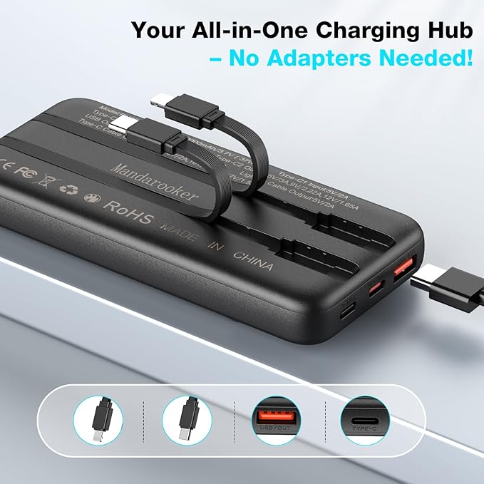 Portable Charger,10000mah 22.5W PD Fast Charging Power Bank,with Built-in Cables,4 Outputs 2 Inputs,Travel Essential Phone Power Bank.for iPhone, iPad,Android,Google, and More(Black)