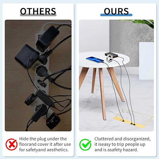 Vagueior Recessed Flat Hidden Floor Electrical Outlet Kit,with 4 * 15A Receptacle+1 * 5V 2.1A USB Charging Ports+2-Port RJ45 Datacom Receptacle，Waterproof Electrical Outlet Covcer Box,Gold