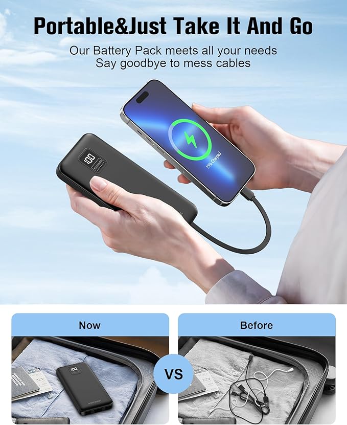 AsperX 2-Pack 10000mAh Portable Charger with Built-in Cables, USB-C Output Power Bank Fast Charging, LED Display Travel Essential Battery Pack for iPhone Android Google Pixel LG iPad Heated Vest, etc