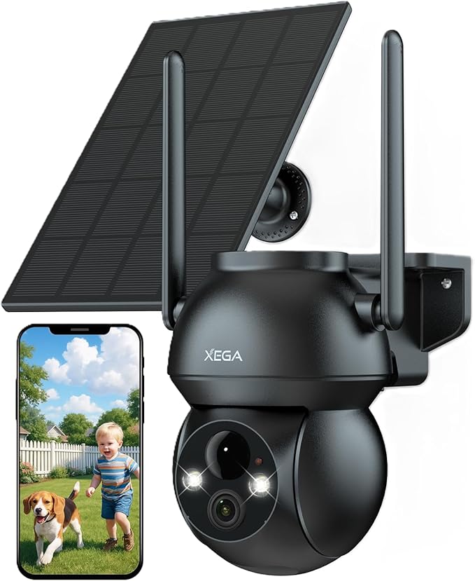 Xega Solar WiFi Camera Outdoor Wireless, 2K PTZ Security Camera with Rechargeable Battery, Color Night Vision, PIR Motion Detection, 2-Way Audio Spotlight & Siren, TF/Cloud Sttorage IP66