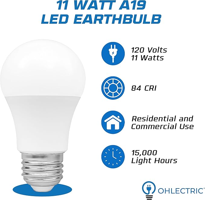 OHLECTRIC A19 LED Light Bulbs, Dimmable (4-Pack) 75W Equivalent, 4000K Cool White,11W, 120 Volts, 1100 Lumens, E26 Medium Base, Enclosed Fixture Rated, Energy Star Certified. Indoor/Outdoor Use