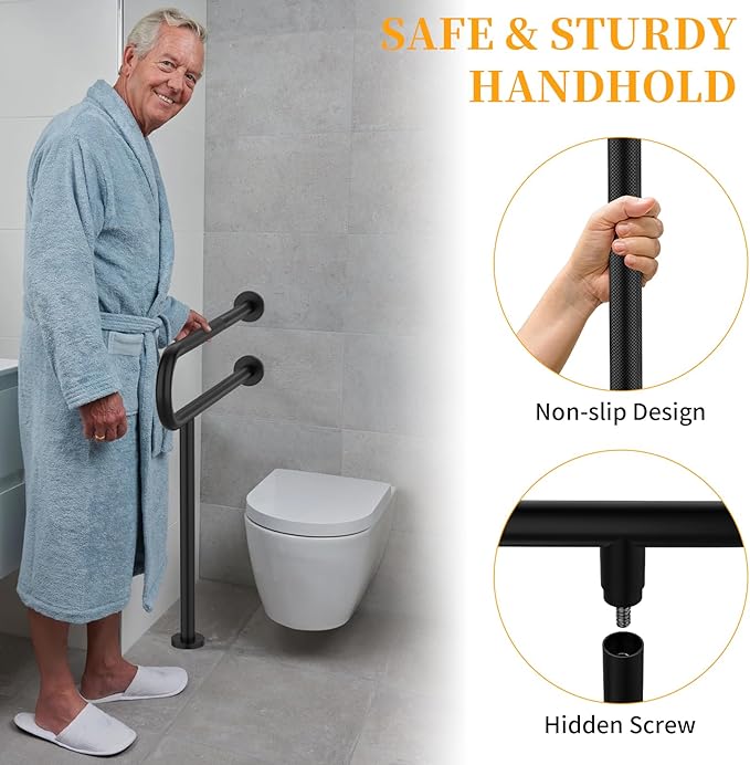 Toilet Grab Bar 31.3 Inch with Leg, YuanDe Matte Black Wall Mounted Safety Bar, Stainless Steel Anti-Slip Bathroom Support Rail for Elderly Disabled Pregnant