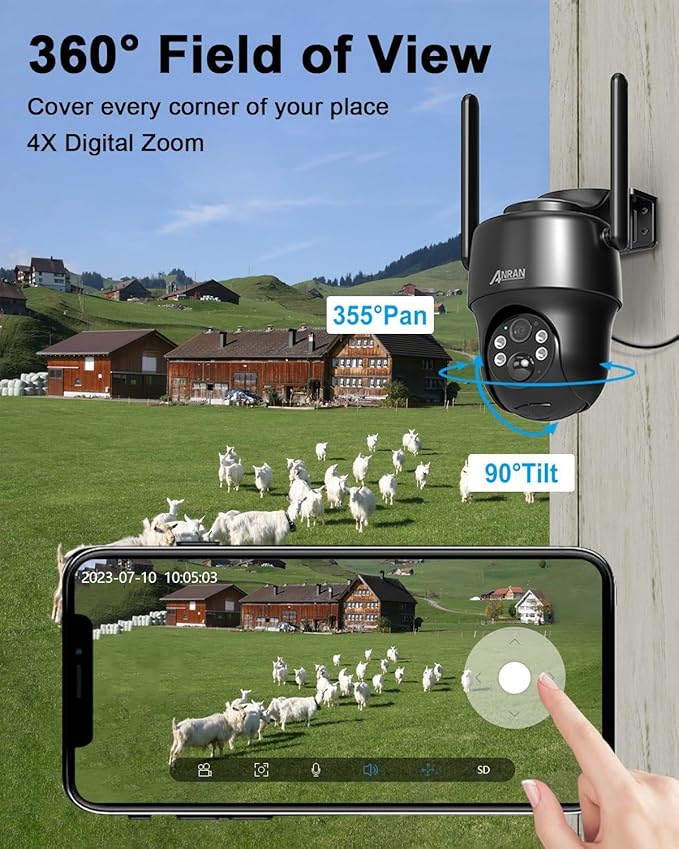 ANRAN 4G LTE Cellular Solar Security Camera Wireless Outdoor,No WiFi 3MP Solar Powered 2K Camera,Color Night Vision,360° Live View,PIR Motion Sensor,2 Way Talk,Black (SIM&SD Card Included)