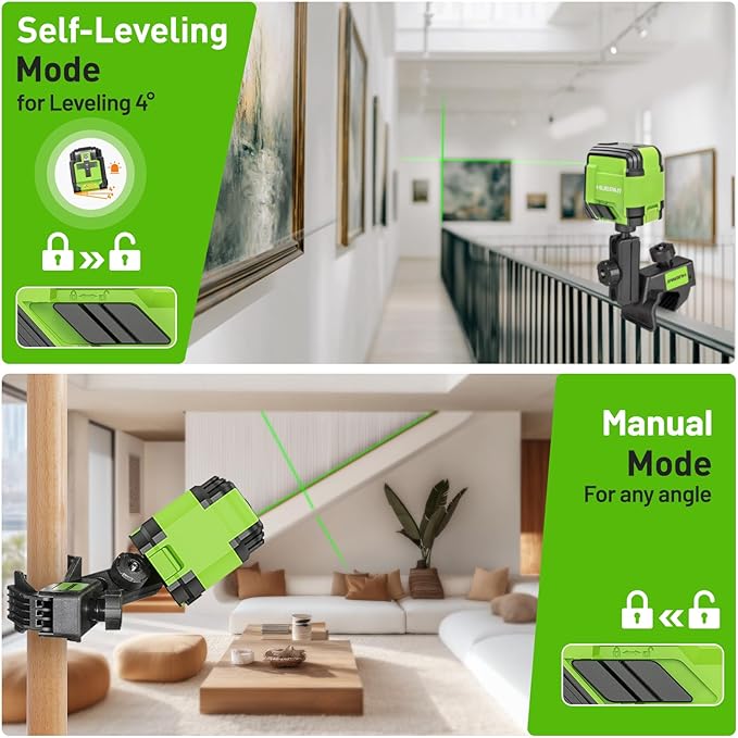 Laser Level with Clamp, HUEPAR 98Ft Self Leveling Laser Level Green Line Laser Cross Line Laser Leveler Tool for Picture Hanging, Tile, Home Renovation, Indoor Project, Battery&Carrying Bag Included