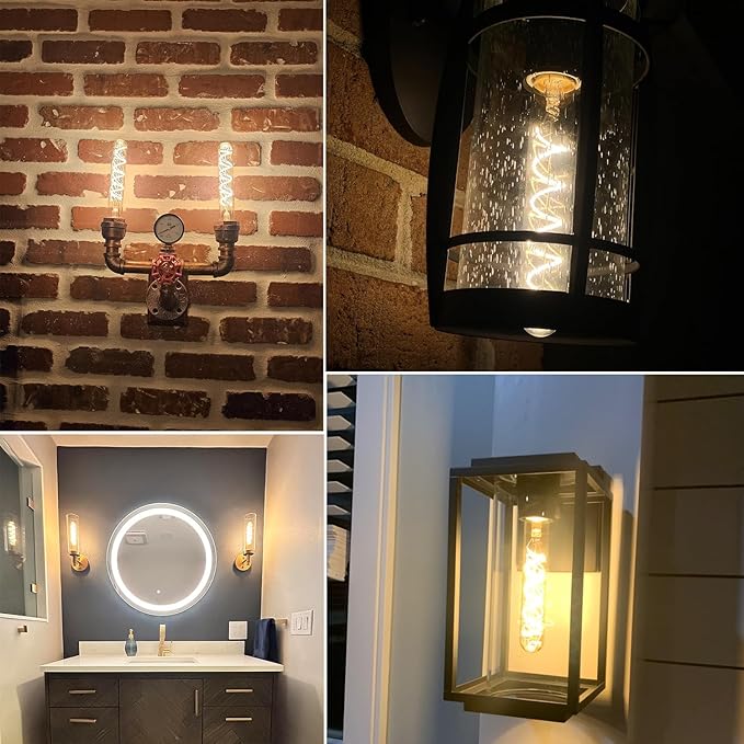 Leools T10 Vintage LED Edison Light Bulbs 60 Watt, 4-Pack Dimmable T30 6W2200K Amber Warm Light Bulbs, E26 Base, 6W LED Equal 60 Watt Incandescent Bulbs,Decorative Antique Spiral Long Bulb,7.3inch