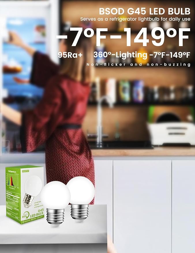 LED Light Bulb, 95Ra Daywhite Refrigerator Light Bulb G45 40W Equivalent, 5W 6000K E26 Waterproof Full Spectrum Lightbulbs Cool White Small Grow Light for Home, Bathroom, Vanity, Freezer, Plant
