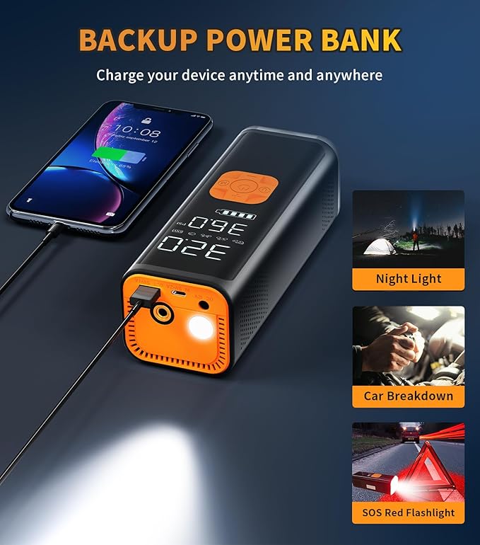 VIL Tire Inflator Portable Air Compressor, 12V DC Air Pump for Car Tires, 150PSI Portable Air Compressor with Pressure Gauge/LED Light, 20000MAH Portable Tire Inflator for Car, SUV,Pickup Truck,Moto