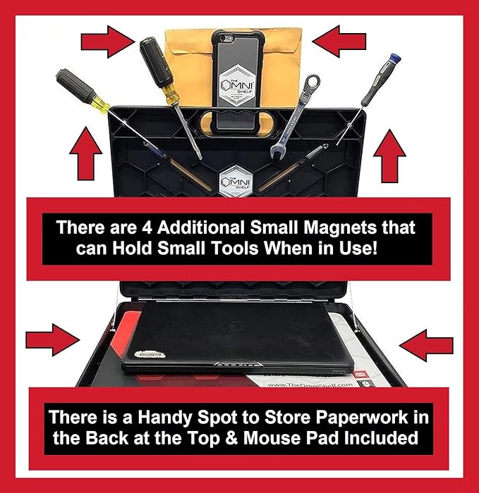 The OmniShelf Magnetic Portable Workstation + Toolbox, Computer & Laptop Stand, Multimeter Case, Utility Shelf w/ 50 lb Capacity, Hands Free Workstation Attaches to HVAC, Trucks & More (5 Count)