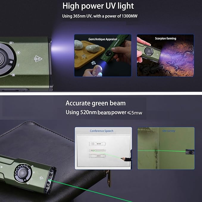 JETBeam E26 EDC Tactical Flashlight 2000 Lumens USB-C Rechargeable with Green Beam,365nm UV and White LED Combo Portable Pocket Lights,Triple Sources for Emergency,Working,stain Detecton(with Battery)