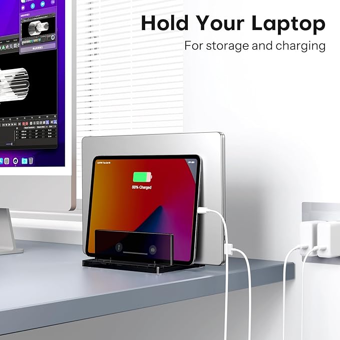 OMOTON Vertical Laptop Stand for Desk, Acrylic Laptop Holder Desktop Clear Adjustable Dock for MacBook Pro Air, HP, All Gaming Laptops up to 17” (Black, Dual Slot)