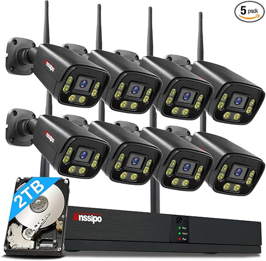 5MP Wireless Security Camera System with 2TB, 8pcs 5MP WiFi Security Cameras for Home Outdoor Indoor with 2-Way Audio/Motion/Face Detection/Colour Night Vision, 8 Channel H.265+ NVR, Metal Housing