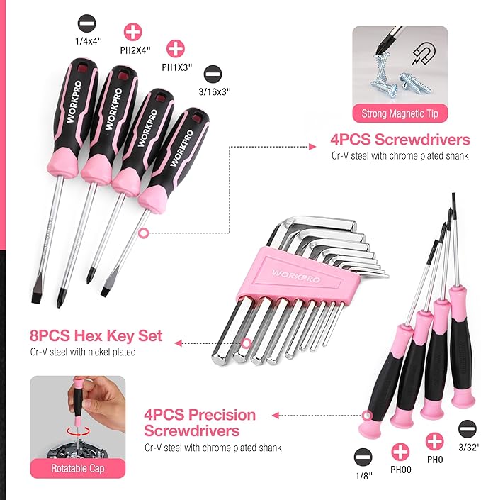 WORKPRO Pink Tool Set, 277 PCS Home Repairing Tool Kit, Pink Tool Bag with 13-Inch Wide Mouth Open Storage Bag, Portable Home Tool Kit Including Hammer, Screwdriver, and Household Tools - Pink Ribbon