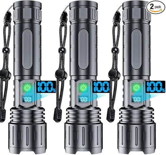 Rechargeable Flashlights High Lumens - 2000 Lumens Long Beam Super Bright LED Flash Light with Power Display & IPX5 Waterproof for Camping, 20H Runtime,5 Modes,Zoomable Handheld Flashlight,3pcs