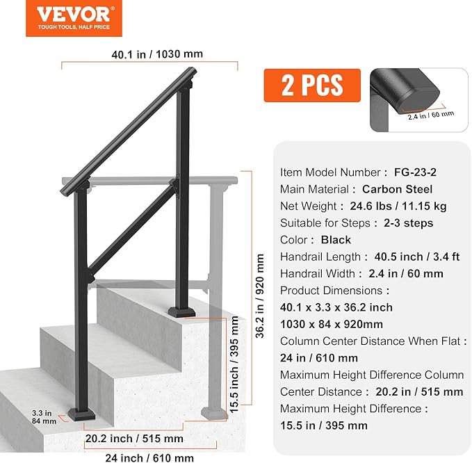 VEVOR Handrails for Outdoor Steps, 2 PCS 2 Step Stair Hand Rail Kit, Transitional Carbon Steel Railings with Installation Kit, Stair Rails for Seniors, Concrete & Porch & Deck, Black Square Tube