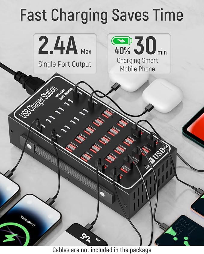 60 Port 300W(60A) USB Charging Station, Multi USB C Charger Station Block with Intelligent Protection, Desktop Charging Station for Multiple Devices, Suitable for Schools, Hotels, Shops and Malls