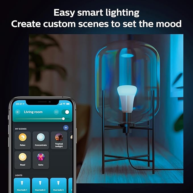 Philips Hue Smart 60W A19 LED Bulb - White and Color Ambiance Color-Changing Light - 4 Pack - 800LM - E26 - Indoor - Control with Hue App - Works with Alexa, Google Assistant and Apple Homekit