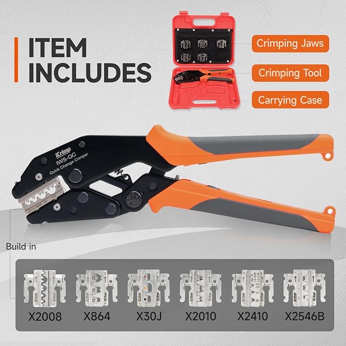 iCrimp Rachet Crimping Tool Set, Quick Change Jaws for Open Barrel Terminals, Insulated& Non-insulated Terminals, Solar Terminals, End Sleeves Ferrules- 7PCS included