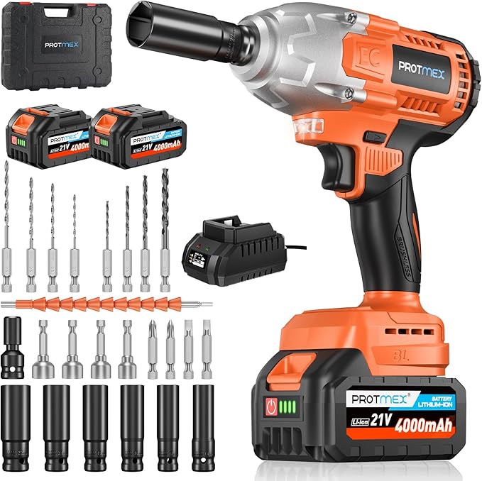 Cordless Impact Wrench, 665Ft-Ibs (900N.m) 1/2" Electric Impact Wrench, 21V Power Impact Drill with 2x 4.0Ah Battery, 6 Sockets, 8 Drill, 6 Screws, Impact Gun Variable Speeds for Car/Truck/Mower