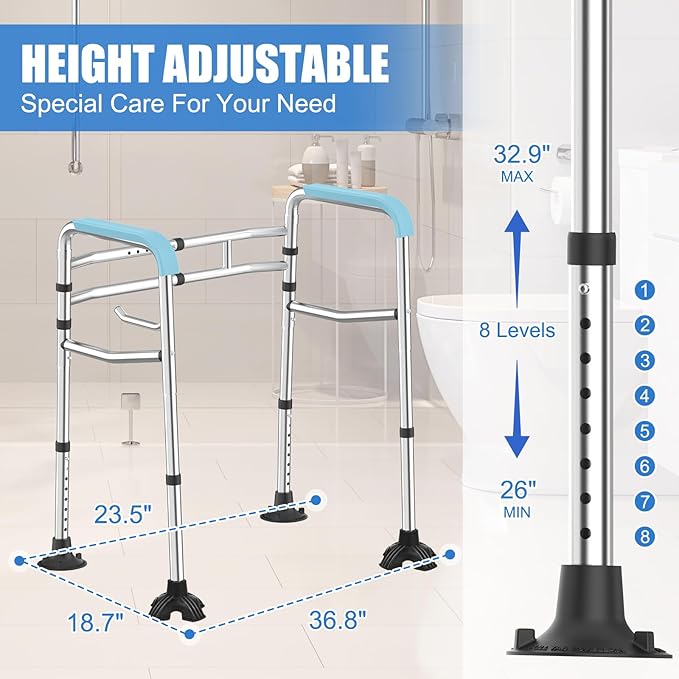 Upgraded Toilet Safety Rail, 380LB Stainless Steel Toilet Frame with Non-Slip Handles & Paper Holder, Adjustable Detachable Handicap Toilet Rails, Foldable Toilet Support Frame for Elderly