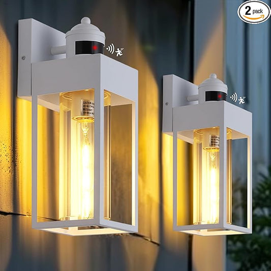 2-Pack Motion Sensor Outdoor Lights, Upgrade Dusk to Dawn Exterior Lighting Fixtures, Modern Porch Lights with Cylinder Lampshade, LED Wall Sconce for Garage Patio Garden House
