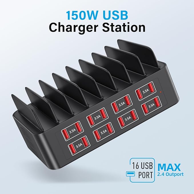 Charging Station for Multiple Devices, 150W USB Charger Station with16 Fast Charging Ports, Ipad Charging Station for Apple Devices Fire Tablets iPhone Samsung Android