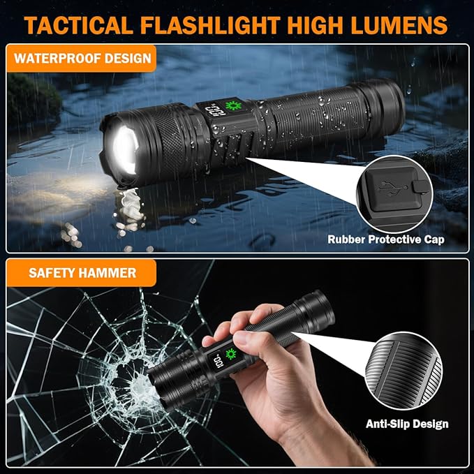 3Pack Rechargeable Flashlights High Lumens 9900FL, LED Flashlight Rechargeable with LCD Digital Display, 5Modes Adjustable Flash Light, Super Bright Flashlight Powerful, Tactical Flashlights for Home