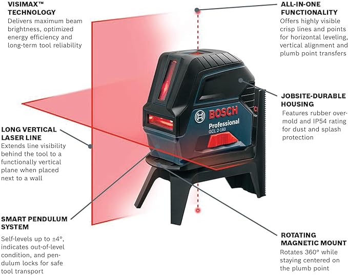 BOSCH GCL 2-160 65 Ft Self-Leveling Cross-Line Laser with Plumb Points, Includes Magnetic Rotating Mount, Ceiling Grid Clip, Laser Target Plate, 3 AA Batteries, & Hard Carrying Case