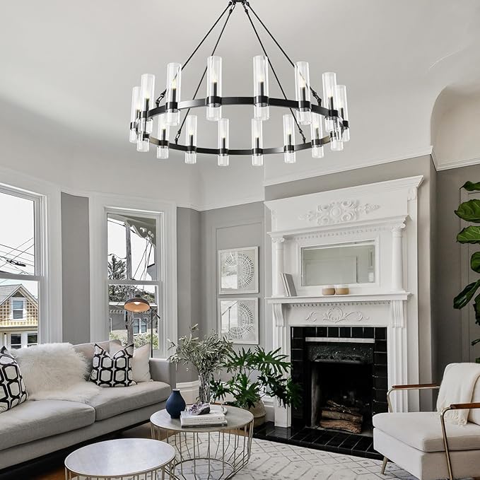 48 Inch Black Wagon Wheel Chandelier, 16 Lights, with Brown Glass Shade, Large Hanging High Ceilings Chandeliers for Dining Room Kitchen Foyer Entryway Living Room