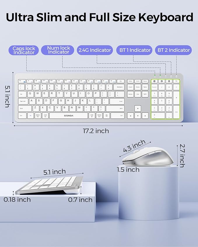seenda Bluetooth Keyboard and Mouse, Wireless Keyboard Mouse Combo 2.4G+Dual Bluetooth Multi-Device Connection Full Size Ultra-Slim Keyboard with Number Pad for Windows/Mac,White & Silver