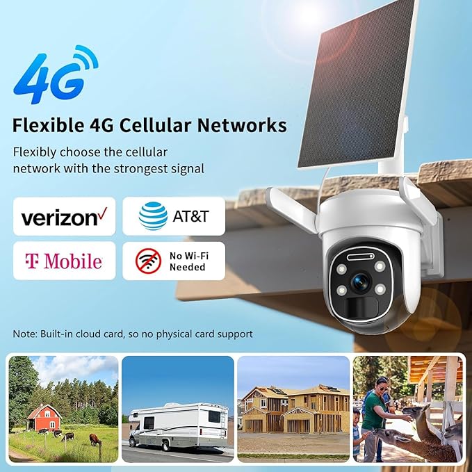 4G LTE Cellular Security Camera Wireless Outdoor, 2K No WiFi Security Cellular Camera Solar Powered with Color Night Vision, PIR Motion Sensor AI Tracking for Farm/RV