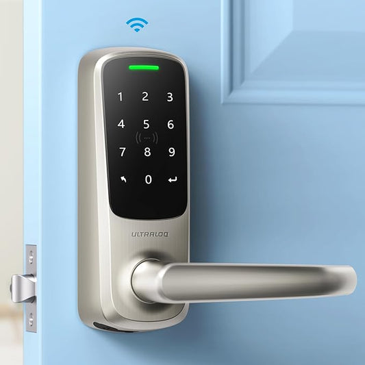ULTRALOQ Latch 5 World's First Built-in WiFi Smart Lock with NFC, 5-in-1 Keyless Entry with App Control, Smart Door Handle Lock with Touch Digital Keypad, Satin Nickel