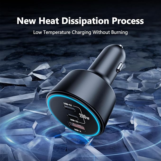 USB C Car Charger, 2Pack 3-Port 200W Dual USB-C & USB-A Phone Car Charger Adapter PD/QC Fast Charging Cigarette Lighter for Phone 16 15 14 13 12 Pro Max, Laptop MacBook Samsung Galaxy S24