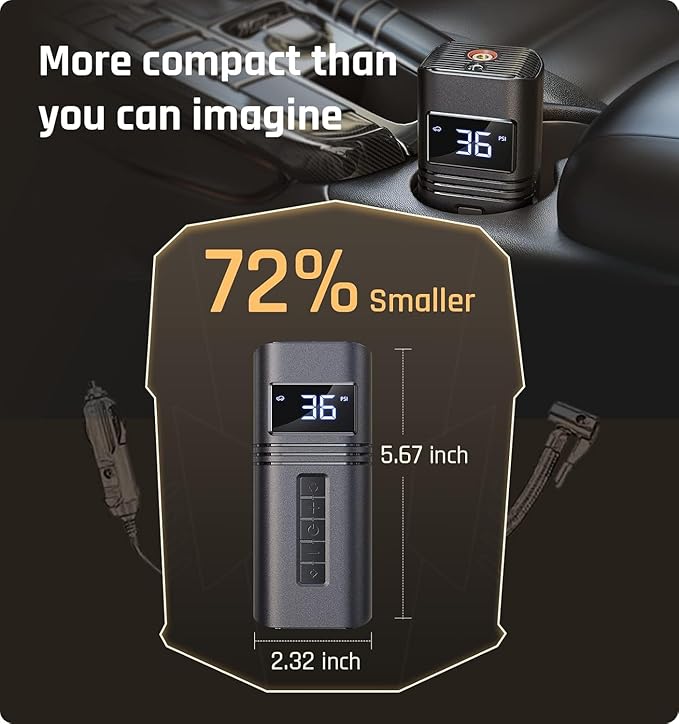 Tire Inflator Portable Air Compressor Car Tires, 38L/min Fast Inflate, 12V DC Air pump for Car Tires, Powerful & Small, Car Tire Pump LED Light - Only Compatible with Car Cigarette Lighter