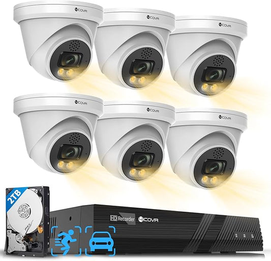 4COVR PoE Security Camera System with 2 Way Audio Talk & Smart Color Night Vision, Smart Human/Vehicle Detection, 8CH 8MP NVR 2TB HDD, 6X 5MP Dome IP Camera IP67, 24/7 Recording, LY97KA5M0806