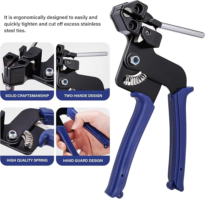 Stainless Steel Cable Tie Gun Kit with 150PCS Metal Zip Ties (Heavy Duty Outdoor) – Heavy Steel Cable Tie Tool, Industrial Scissors & Gloves – Chain Link Fence Parts, Durable Stainless Zip Ties