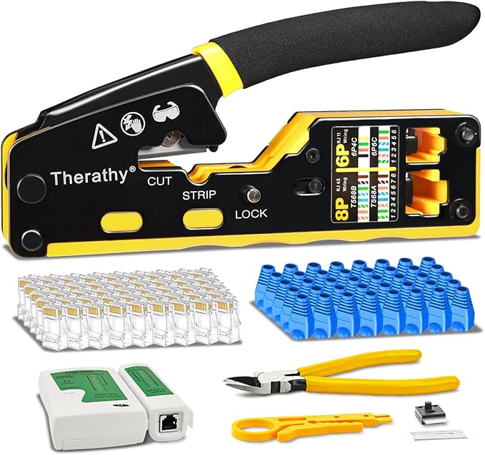 RJ45 Crimp Tool Pass Through Ethernet Crimper for Cat5e Cat6 Modular Plugs, All-in-One Cat6 Crimping Tool