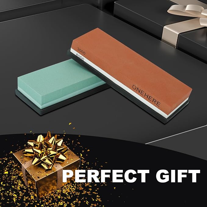 Knife Sharpening Stone Set, ONEHERE 4 Side Grit 400/1000 3000/8000 Whetstone Sharpener Kit with Non-Slip Bamboo Base, Leather Strop, Cut Resistant Gloves, Flattening Stone & Angle Guide (Large Set)