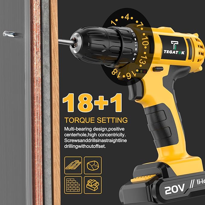 Cordless Drill Set, 3/8 Drill Handheld Screwdriver Kit with 18+1 Torque Setting, 20V Electric Drills Tools Bit, LED Electric Power Drills with Battery and Charger, Yellow