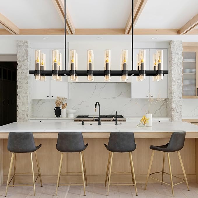 Modern Black Island Rectangle Chandelier with Amber Glass,63" Adjustable Height Modern Linear Light Fixture 16 Light Dining Room Chandelier Over Table for Dining Room Kithen Island