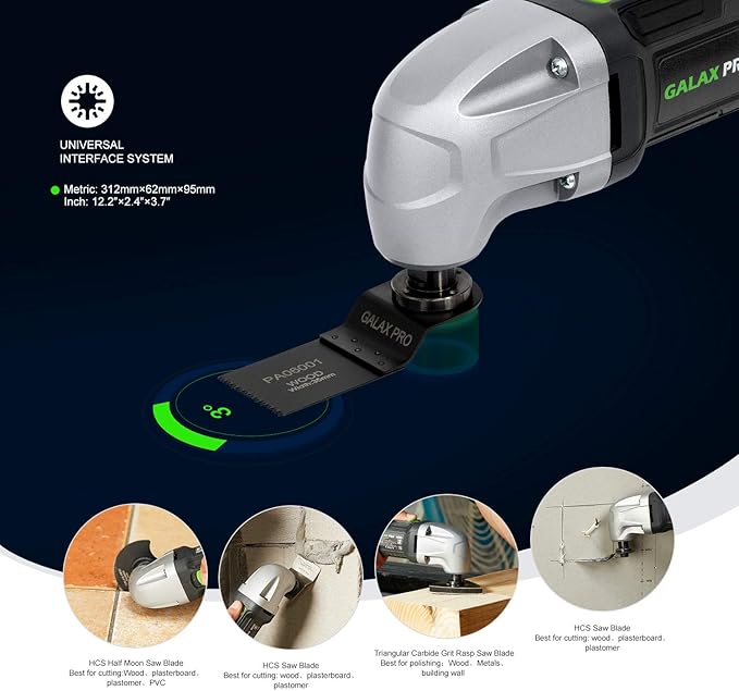 GALAX PRO 22000 OPM 1.5A Oscillating Multi Tool, 3 Degree Oscillating Angle with 3 Pieces Saw Blades, 1 Piece Semi Circle Blade Sanding Plate, 6 Pieces Sanding Papers for Grinding