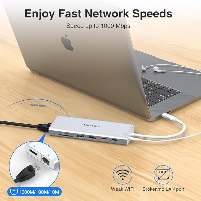 USB C Hub USB-C Docking Station Dual Monitor 14 in 1 Triple Display Multiport Adapter with 2 HDMI+DP+7 USB Type C/A Ports+Ethernet+Audio, USBC Dongle for Dell/HP/Lenovo ThinkPad/Surface(Sliver)