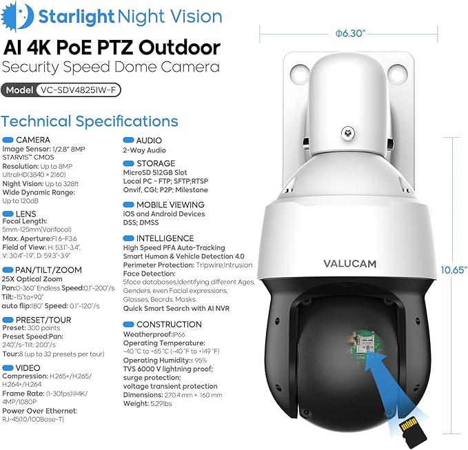 4K PTZ PoE IP Highspeed Dome Outdoor Camera-25x Optical Zoom(5-125mm), PFA Auto Tracking, IVS-Face Detection, SMD4.0, 1/2.8'' Starvis Sensor-0.005lux Starlight Nightvision, Quick Pick, IP66