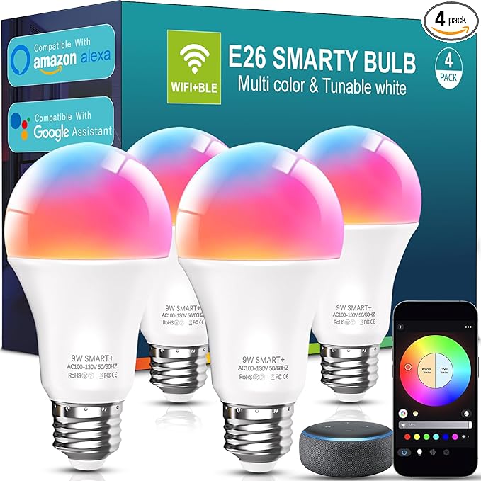 luckystyle Smart Light Bulbs, 9W A19 E26 800LM WiFi Bluetooth LED Bulbs Compatible with Alexa, Google Assistant & Home, 16 Million Colors Music Sync Color Changing Dimmable RGBWW Lights Bulb (4)